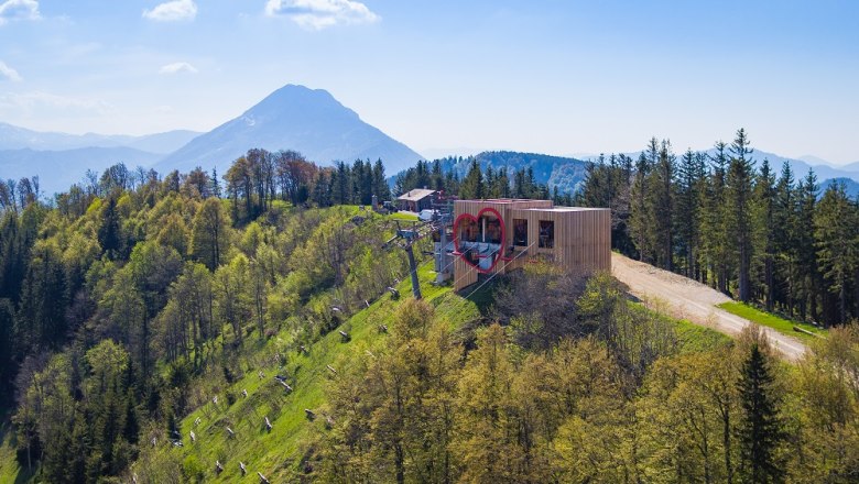 Zipline Annaberg - Adrenalinkick pur, © Martin Fülöp Luftaufnahme der Zipline Annaberg mit Berglandschaft im Hintergrund.