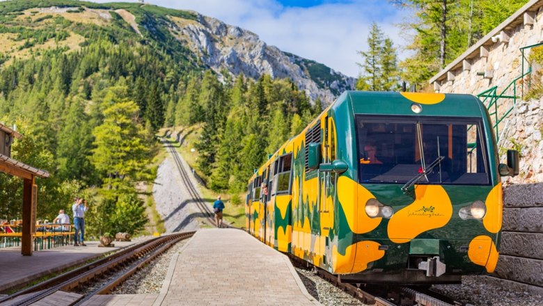 Der Salamander-Zug bei der Station Baumgartner 1, © NB-Kremsl Ein gelb-grüner Salamander-Zug steht an der Station Baumgartner in einer bergigen Landschaft.