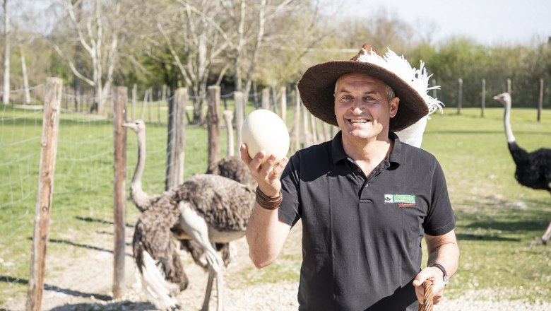 Straußenhof Ebner, © Robert Alexander Herbst Mann mit Hut hält Straußenei auf einem Straußenhof.