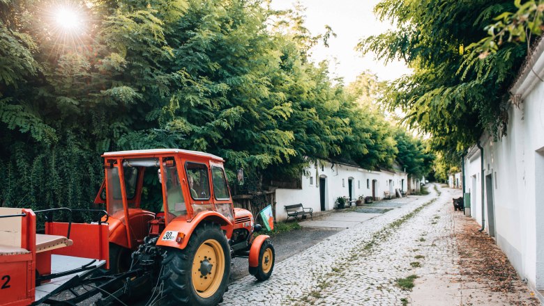Poysdorf Radyweg, © Niederösterreich Werbung/Romeo Felsenreich Ein roter Traktor steht auf einem gepflasterten Weg, umgeben von grünen Bäumen und weißen Gebäuden.