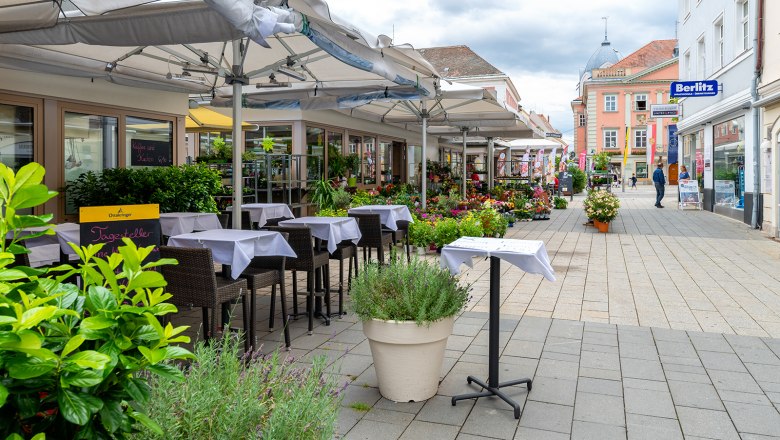 Straßenszene in Wiener Neustadt mit Cafés und Geschäften.
