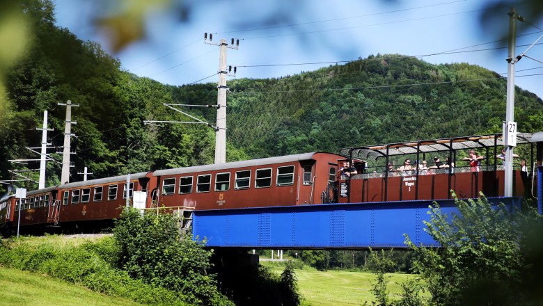 Ein Zug mit offenen Aussichtswagen fährt über eine blaue Brücke in einer grünen Landschaft.