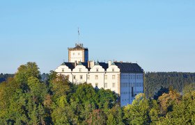 Schloss Weitra auf einem bewaldeten Hügel vor blauem Himmel.