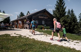 Wandernde Familien und Ausflugsg&auml;ste erreichen die gem&uuml;tliche Anna-Alm inmitten der Berglandschaft &ndash; ein beliebter Einkehrort mit uriger H&uuml;ttenatmosph&auml;re.