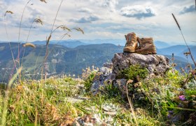 Wanderschuhe auf einem Felsen in einer Berglandschaft.