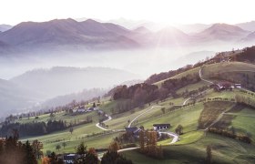 Panoramablick auf hügelige Landschaft mit Wiesen, Bäumen und Straßen im Morgenlicht.