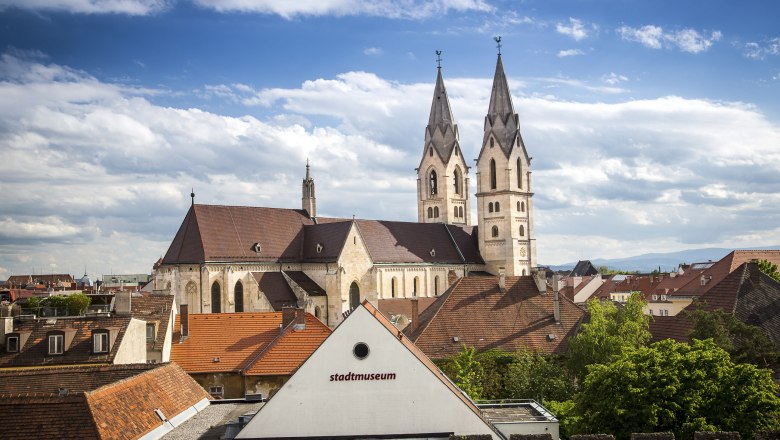 Blick auf die Stadt Wiener Neustadt mit einer Kirche und dem Stadtmuseum im Vordergrund.
