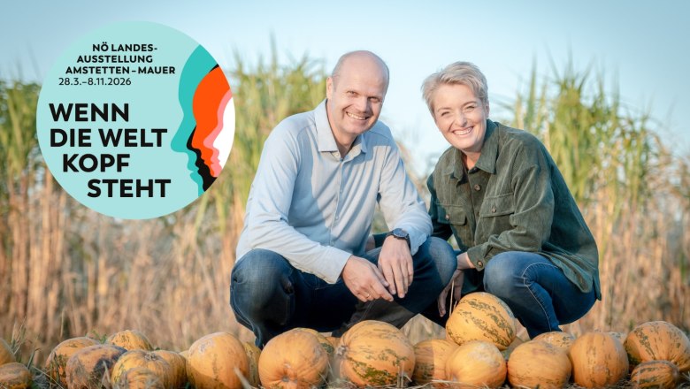 Zwei Personen knien hinter einer Reihe von Kürbissen auf einem Feld. Ein Logo der NÖ Landesausstellung ist links im Bild.