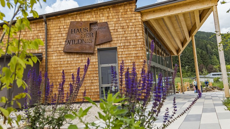 Gebäude mit Holzfassade und Schild 'Haus der Wildnis', umgeben von Pflanzen.