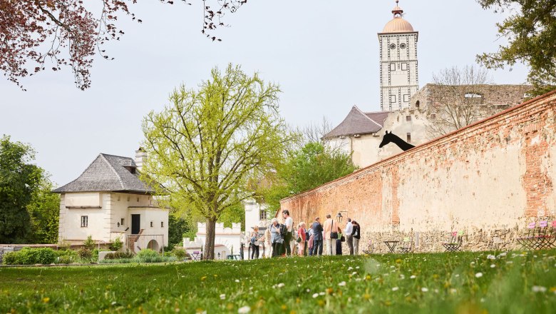 Gruppe von Menschen vor einer alten Burgmauer mit Turm im Hintergrund.