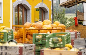 Bunte K&uuml;rbisse vor einem gelben Geb&auml;ude mit dekorativen Fensterrahmen.