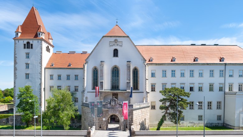 Frontansicht der Milit&auml;rakademie Wiener Neustadt mit blauem Himmel.