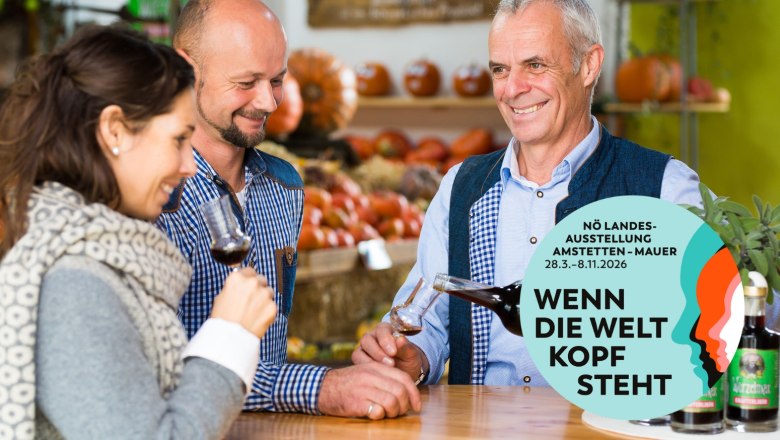 Drei Personen verkosten Wein in einem Marktstand mit K&uuml;rbissen im Hintergrund.