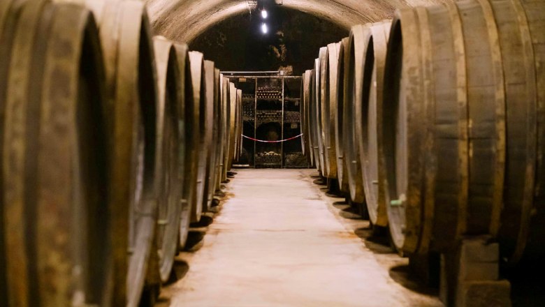 Ein historischer Weinkeller mit gro&szlig;en Holzf&auml;ssern auf beiden Seiten eines schmalen Ganges.